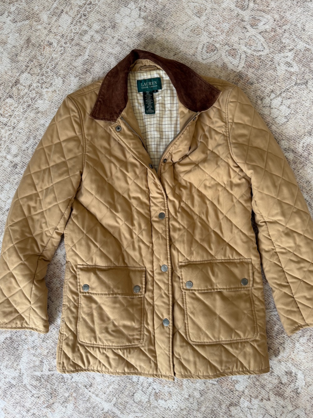 Lauren Ralph Lauren Quilted Utility Jacket in Camel with Brown Corduroy Collar - Picture 1 of 6